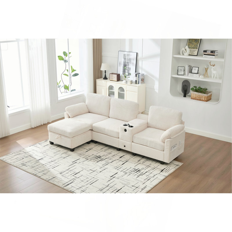 L-Type Multifunctional Corduroy Sofa: 4-Seater Segmented Design With Cup Holder/USB Interface/Storage Box, Equipped With Movable Console+Ottoman Style Storage Space, Optimized For Apt.