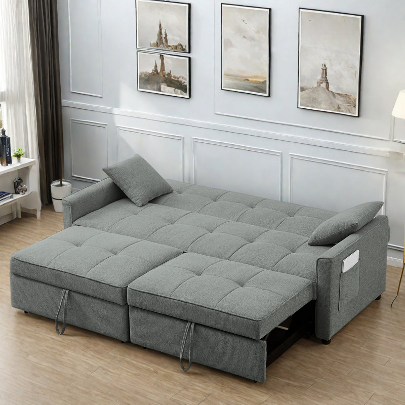 3 In 1 Convertible Sleeper Sofa Bed With Reclining Backrest, Pillows And Side Pockets, Gray