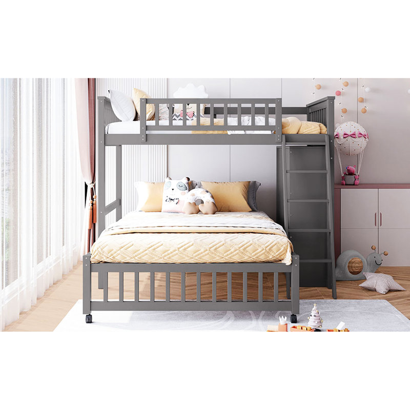 Lit superposé gris en bois gris avec six tiroirs, des options de tablettes et un cadre inférieur complet simple avec rangement pour tiroir