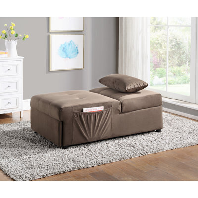 Banc de rangement contemporain multifonctionnel avec lit escamotable, 2 places assises, revêtement en velours brun riche et structure en bois massif