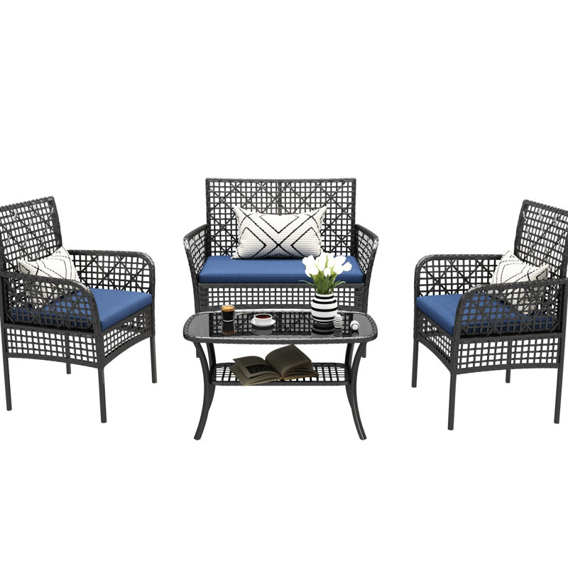 Mobilier de patio moderne de style piscine: PE, table en verre trempé, ensemble de 4 coussins d'extérieur avec, Bleu