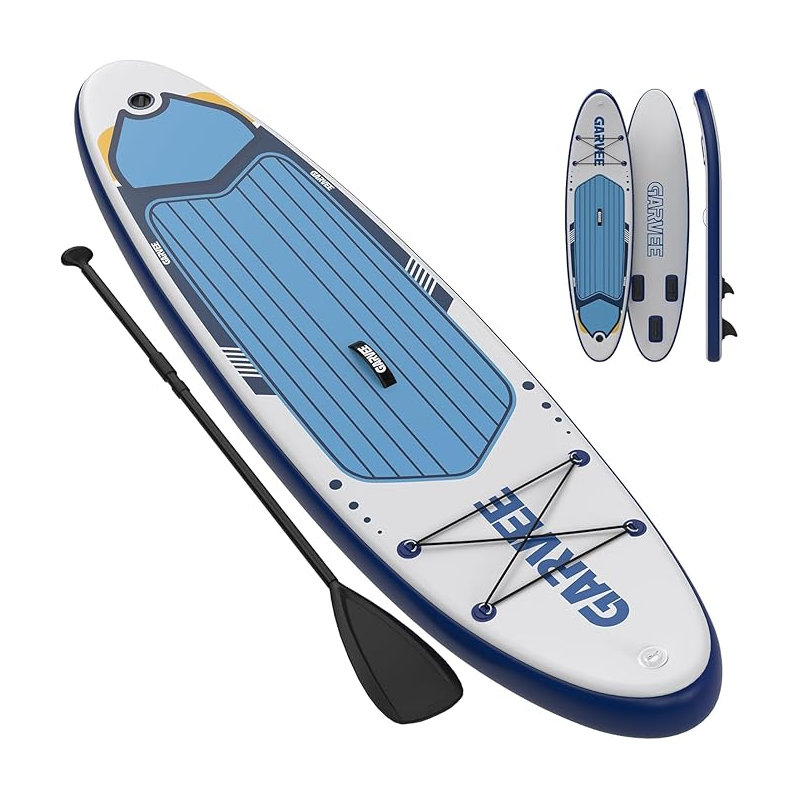 Inflatable Stand Up Paddle Board, Extra Wide Military Grade PVC ISUP with 360° Camera Mount, 205KG Capacity, Wood Grain Non-Slip Deck, For Adults & Beginners, Blue White