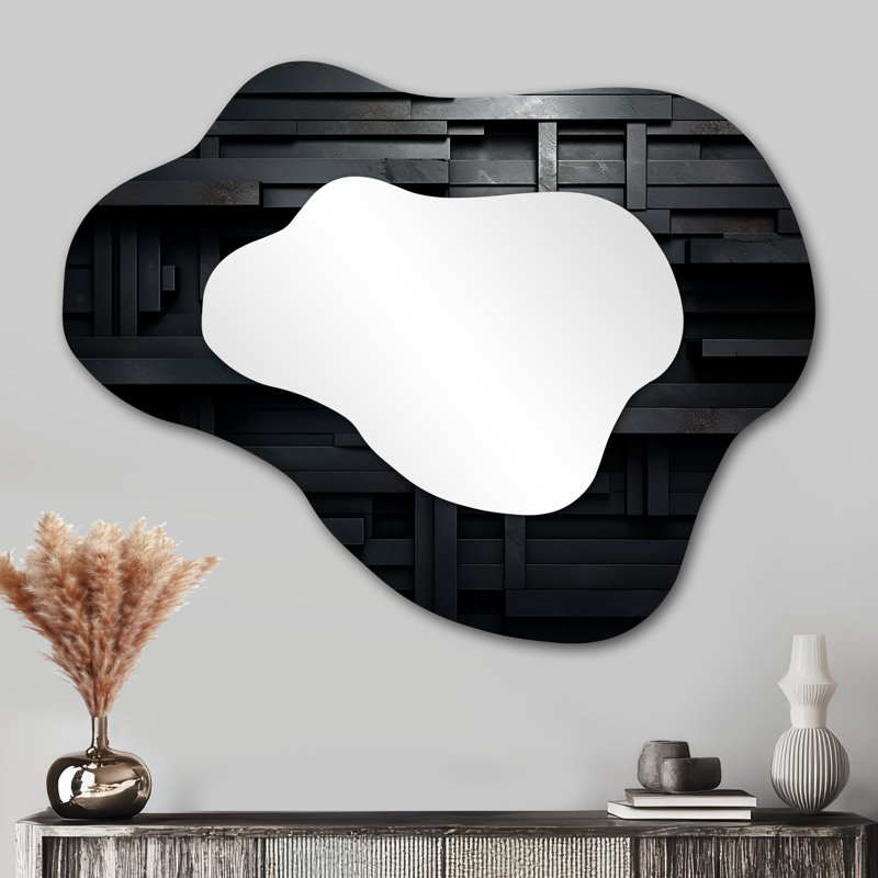 Dimensions du cube en brique noire 3D V - grand miroir mural nuage géométrique, miroir unique asymétrique moderne, impression d'art en métal