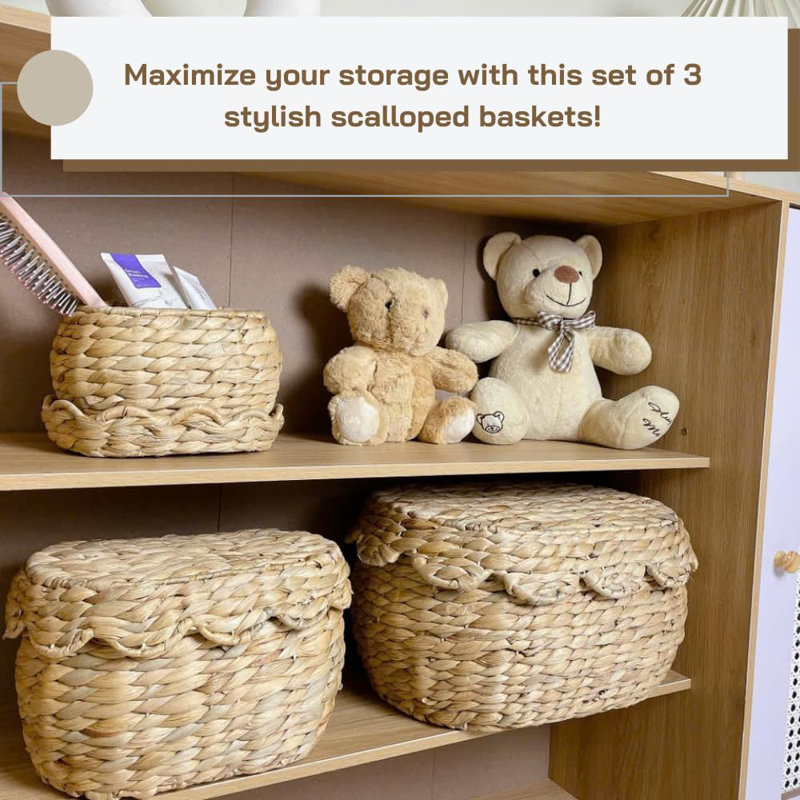 Scalloped Baskets Set Of 3 Nested Baskets 2 In 1 Design With Scalloped Edge, Hyaxinth Scallop Baskets, Round Wicker Baskets For Decor, Water Hyacinth Storage Baskets With Lid