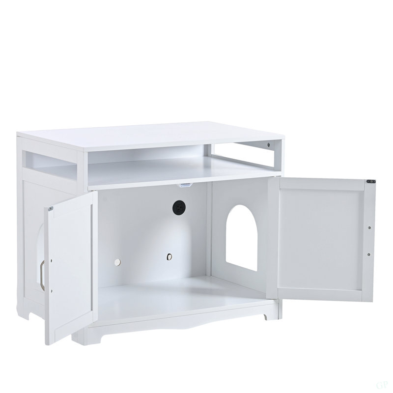 Enceinte de litière, meuble de litière pour chat avec prise dissimulée, 2 portes, banc de rangement pour salle de bain pour chat, table d'appoint pour chat, grand bac à litière en bois inclus, blanc