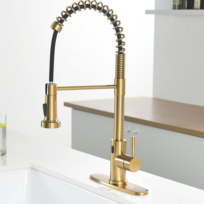 Hands Automatic Smart Faucet - Touchless With Modern Pull Down In Brushed Gold For Convenient Kitchen Use Stainless Steel 2-Inch Sensing Distance &