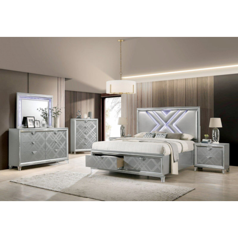 Table de chevet 2 tiroirs avec bordure miroir, argent