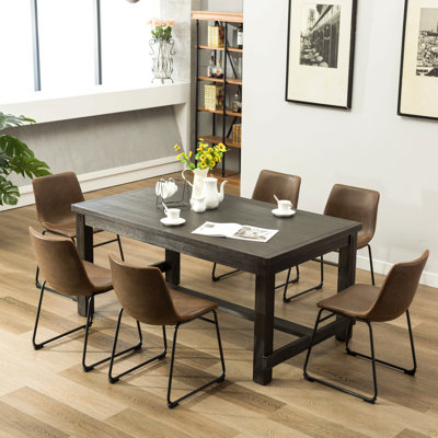 7-Piece Wood Dining Table With 6 Brown Faux Leather Chairs Set