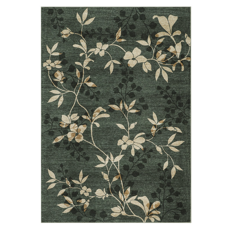 Floral Machine Washable Rug with Non-Slip Backing, Stain-Resistant Soft Low Pile Floor Mats, Foldable Farmhouse Indoor Carpet for Bedroom, Nursery