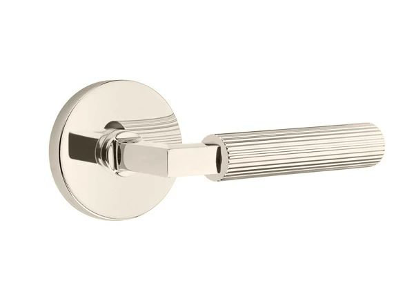Mortaise intérieure de passage Emtek Select avec rosette à disque et tige carrée en L, levier droit moleté, Gauche