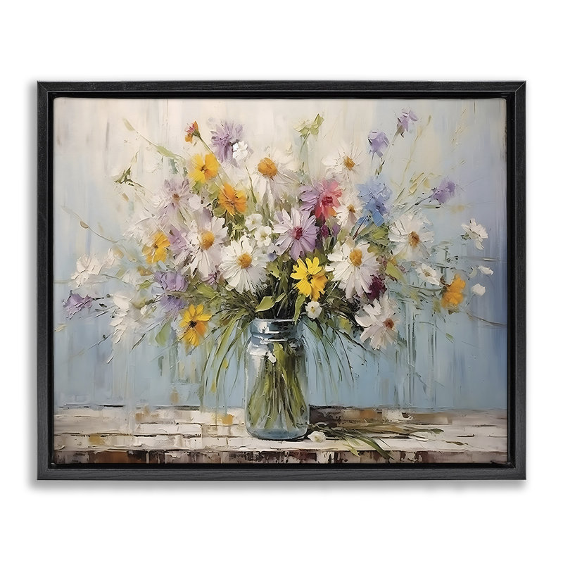  «Wildflower Bouquet in Jar», art mural encadré par Franklyn Gregory, Cadre flottant noir de jais, H 17 po x l 21 po
