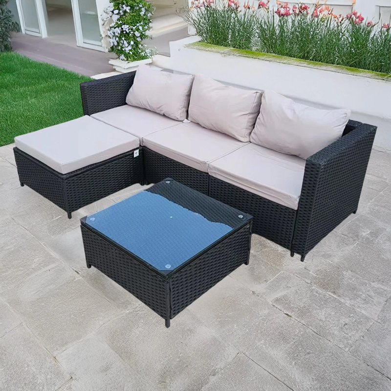 193 cm W L-Shaped Metal and Wicker Patio Corner Sofa Set with Cushions, White, Black