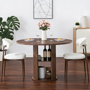 47.24 Inch Round Dining Table Set with 2 Chairs, 2-4 Person Farmhouse Modern Dining Furniture with Double-Tier Storage Shelf for Dining Room Living Room, Walnut
