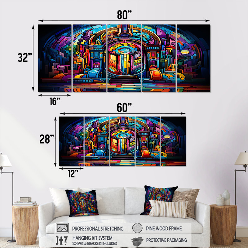 Multicolore, psychédélique, juke-box, ensemble d'art mural 5 pièces, H 28 po x l 60 po