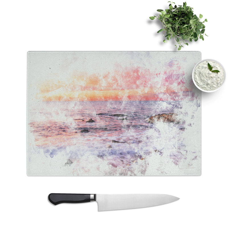 Tempered Glass Beach in Spain Watercolour Chopping Board, 28.5 cm x 39 cm