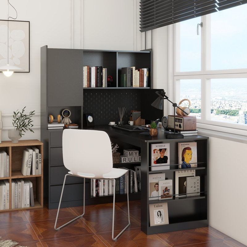 L Shaped Desk,Computer Desk With Drawers,Bookshelf,With LED Light,Modern Corner Desk,Home Office Desk,L-Shaped Study Table Writing Desk,Corner Gaming Computer Desk With Storage