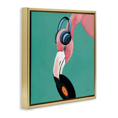 Flamingo with Music Record  Framed Floater Canvas Wall Art by Yvette St. Amant
