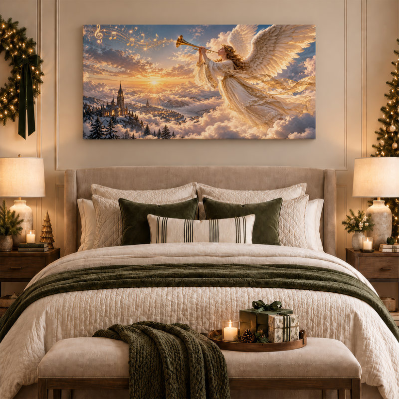Ange jouant de la trompette dorée sur les montagnes enneigées, art mural de Noël, L 58 po x H 28 po