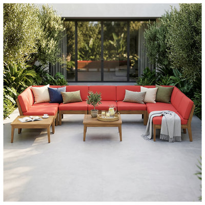 Ensemble de canapé modulaire à 8 places en bois d'acacia avec coussins rouges Grenada, finition teck