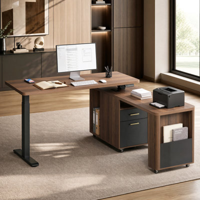59"W L Shaped Electric Standing Desk with 360 Degree Swivel Storage Cabinet Wireless Charging and 1.18 Inch Thick Seamless Desktop for Home Office