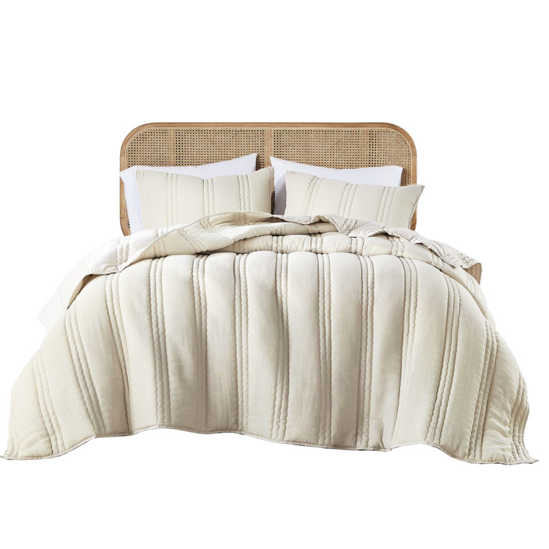 3 pièces de courtepointe gaze très grand / très grand naturel - literie douce avec motif de matelassage en forme de rainure, texture froissée, approuvée, rembourrée à la machine et 2 taies décoratives, courtepointe, look, sans danger pour la peau