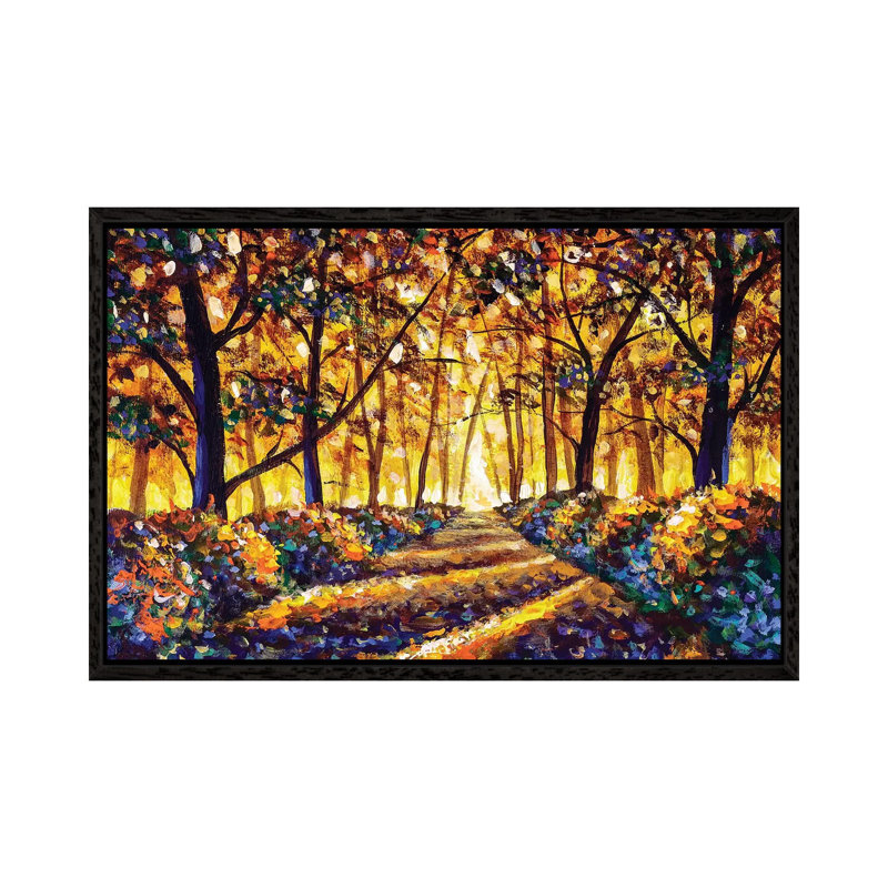 Gold Orange Autumn Road In Forest Landscape by Valery Rybakow - Print on Canvas, Black Framed