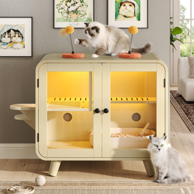 Enceinte de litière cachée pour chat avec lumière DEL RVB, chat avec escalier et jouets interactifs, beige