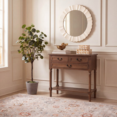 Rustic 23.5'' Rectangular Console Table – Durable Solid Wood with 3 Drawers and Turned Legs Storage