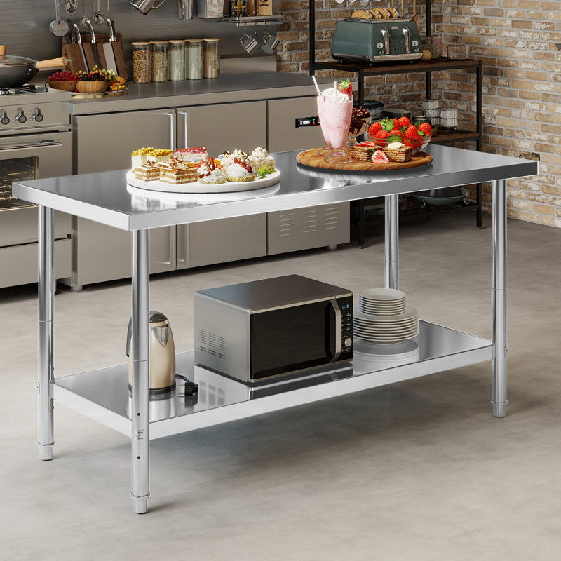 Établi en acier inoxydable avec hauteur réglable et deux tablettes de rangement