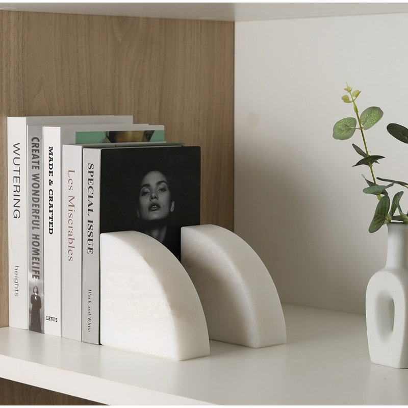 Serre-livres en marbre naturel (lot de 2), porte-livres décoratifs en pierre en forme d'arche, Blanc