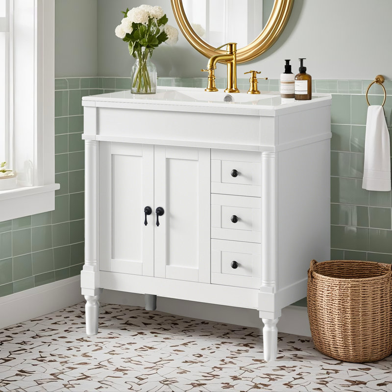 Meuble-lavabo 36 po avec lavabo en céramique - Portes et tiroirs à fermeture en douceur, Blanc, 35.91