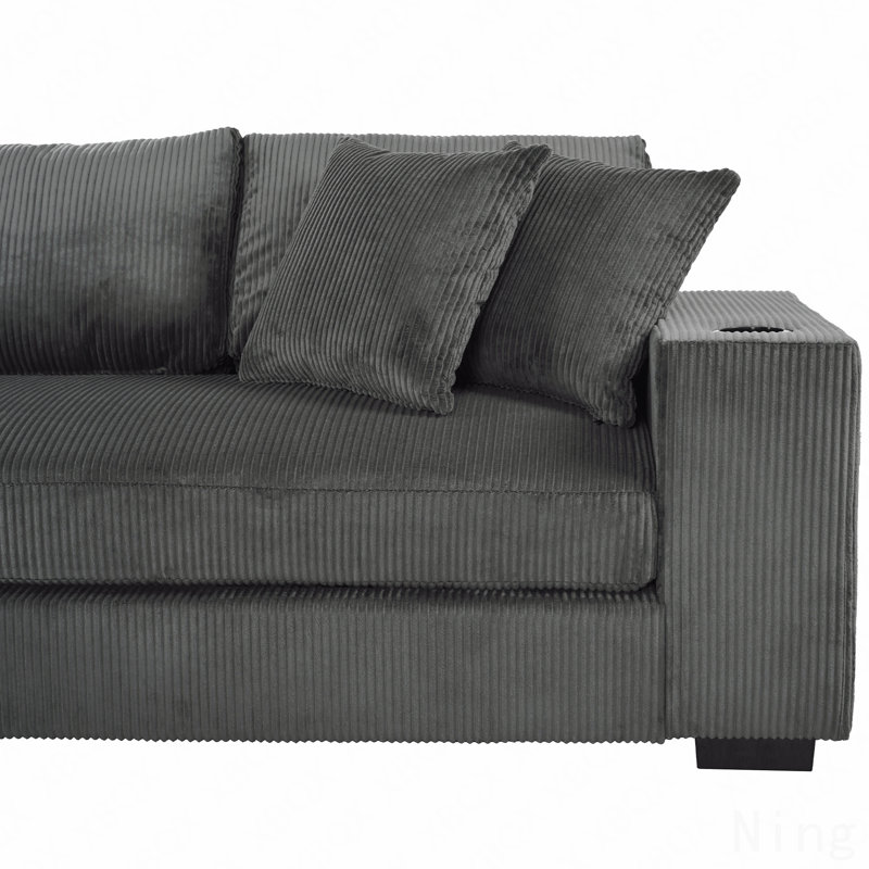 Mirod Large Sectional Sofa With Thick Cushions, And Built-In Cup Holders & Charging Ports, Gray Corduroy