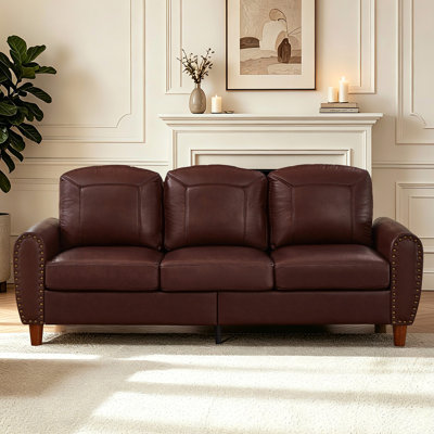 Classic Living Room Sofa  Faux Leather Couch,Rolled Arm Sofa with Nails,Solid Wood Legs,Upholstered Breathable PU Leather