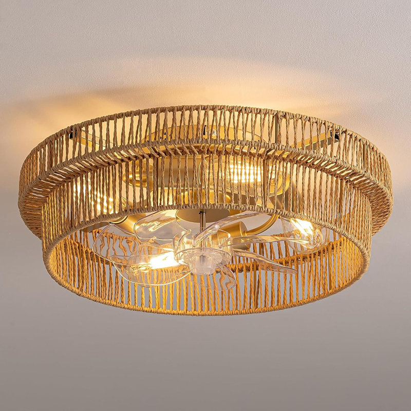 Ventilateur de plafond Boho en rotin avec plafonnier encastré