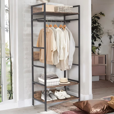 Bayshore Industrial Rustic Open Wardrobe Garment Rail With Storage Shelves