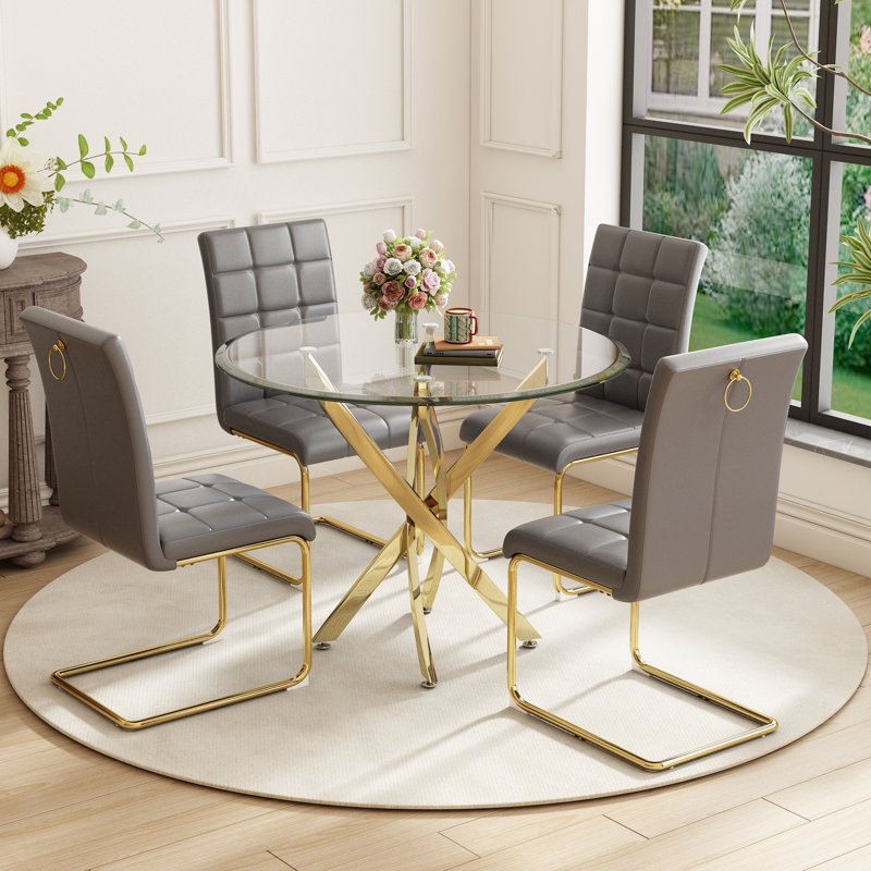 5- Piece Dining Table Set,Glass Top Metal Base Dining Tablewith 4 Faux Leather Dining Chairs, Gold, Gray/Gold