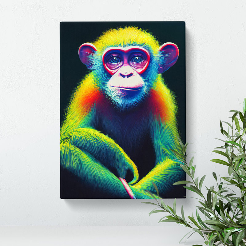 Neon Monkey No.3 - Wall Art, 50cm H x 35cm W x 3cm D, Wrapped Canvas