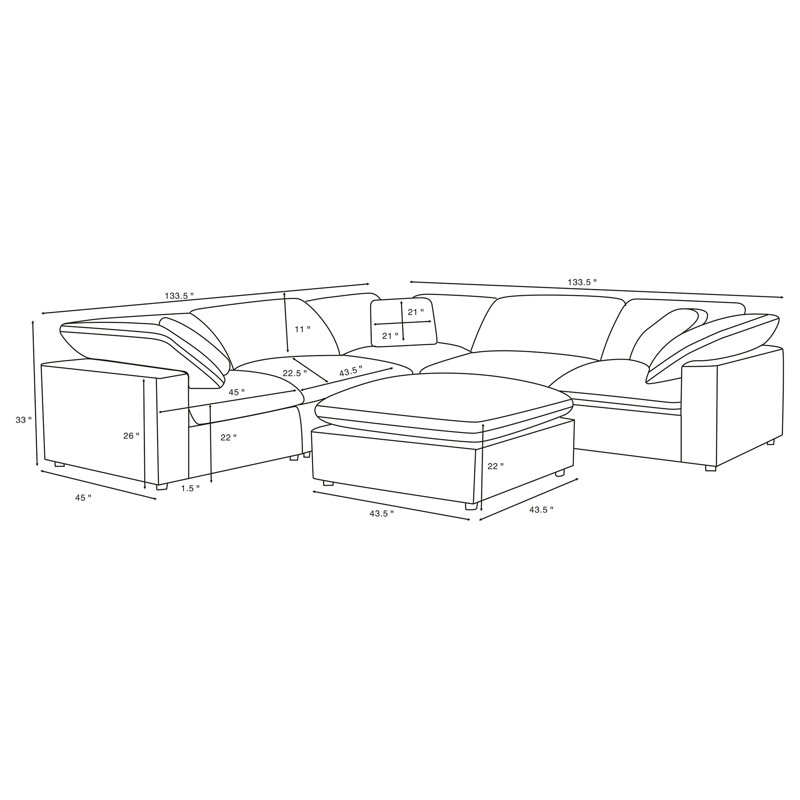 Canapé modulaire à assise profonde configurable 6 pièces Segoura Ivory, Revêtement ivoire, 33" H x 133.5" W x 133.5" D