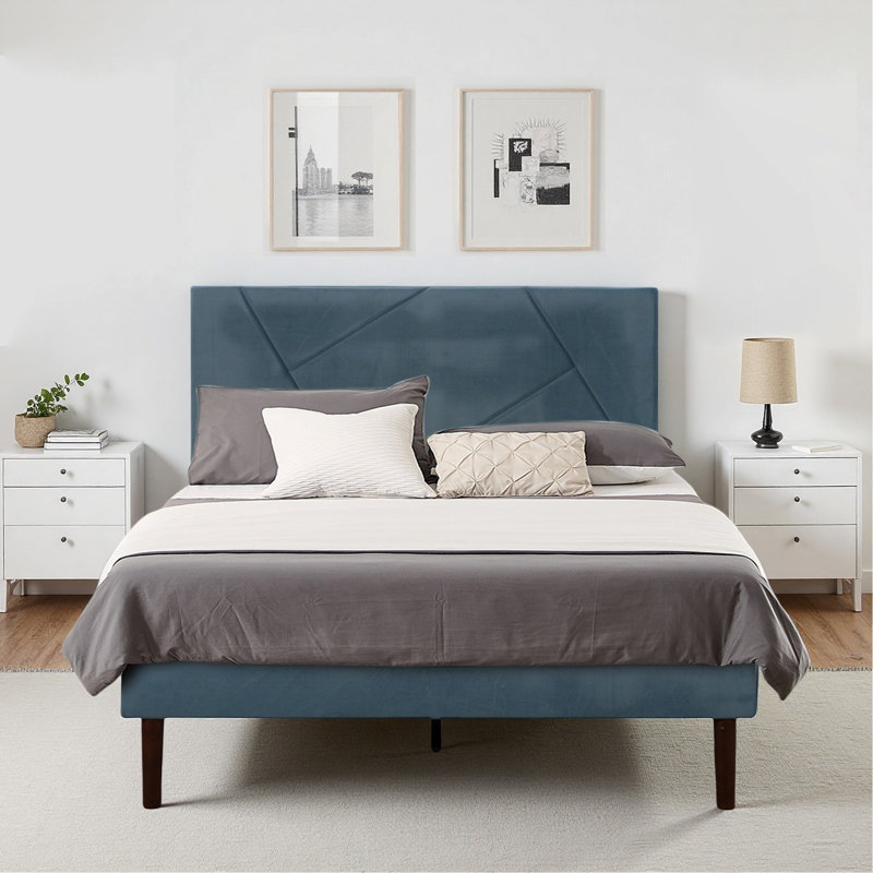 Très grande base de lit tapissier en velours avec lattes en bois massif, lit plateforme robuste avec tête de lit pour la chambre à coucher