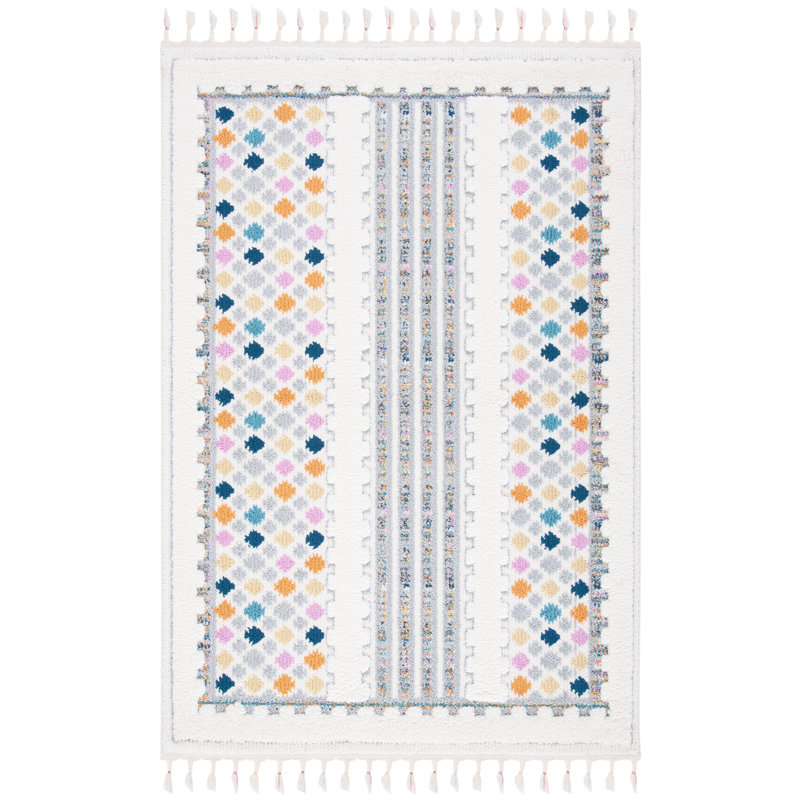 Boho-Chic Ivory Synthetic Shag Rug with Fringe - 4' x 6'