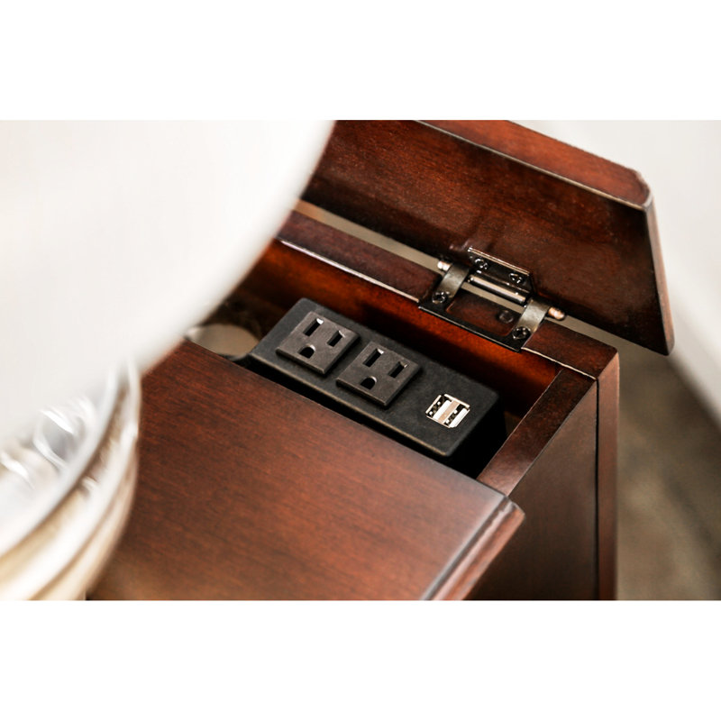 Table d'appoint en bois massif avec design transitionnel, finition cerisier, porte-gobelet coulissant, port intégré et armoire de rangement, prise de 24 po de hauteur, support