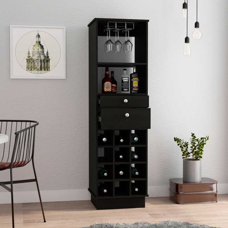 Armoire de bar classique, deux tiroirs, douze porte-bouteilles encastrés, H 63,24 po x l 18,15 po x P 15,65 po