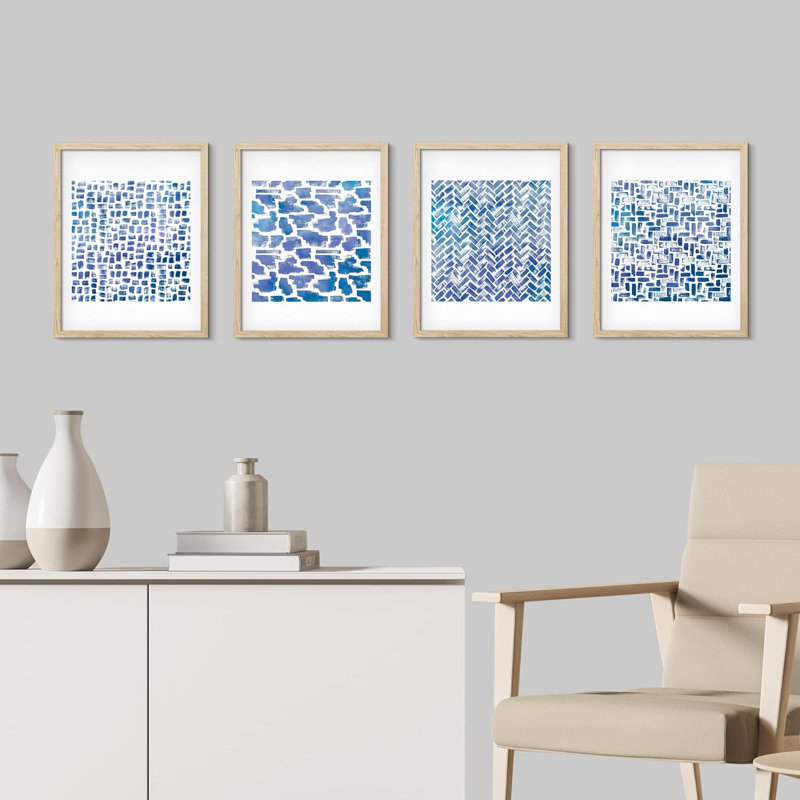 Motif de coups de pinceau aquarelle bleue - ensemble de 4 reproductions de cadres photo simples, Naturel, H 10 po x l 8 po