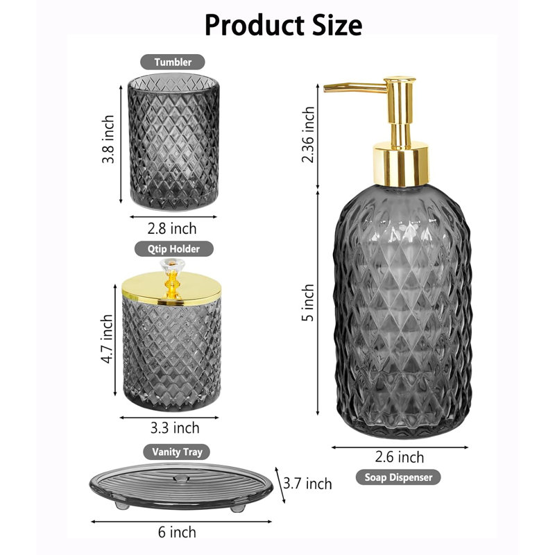 Ensemble de 4 accessoires de salle de bain en verre, décor pour la maison, gris fumé, Gris fumé