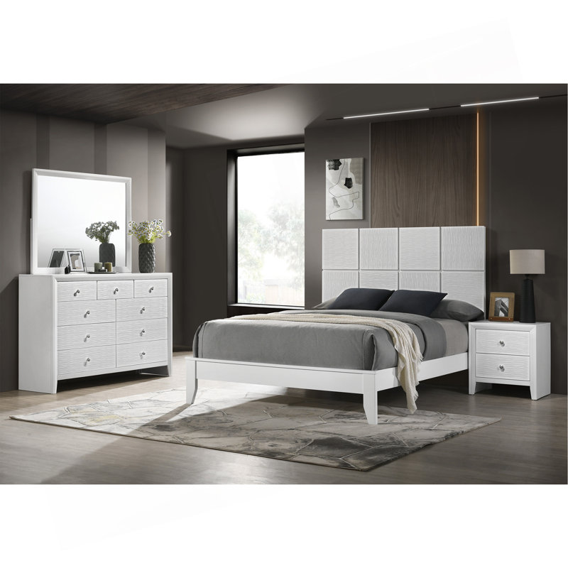 Lit de 1 lit double au design contemporain avec panneaux de finition texturés et tête de lit géométrique, Blanc, Grand lit