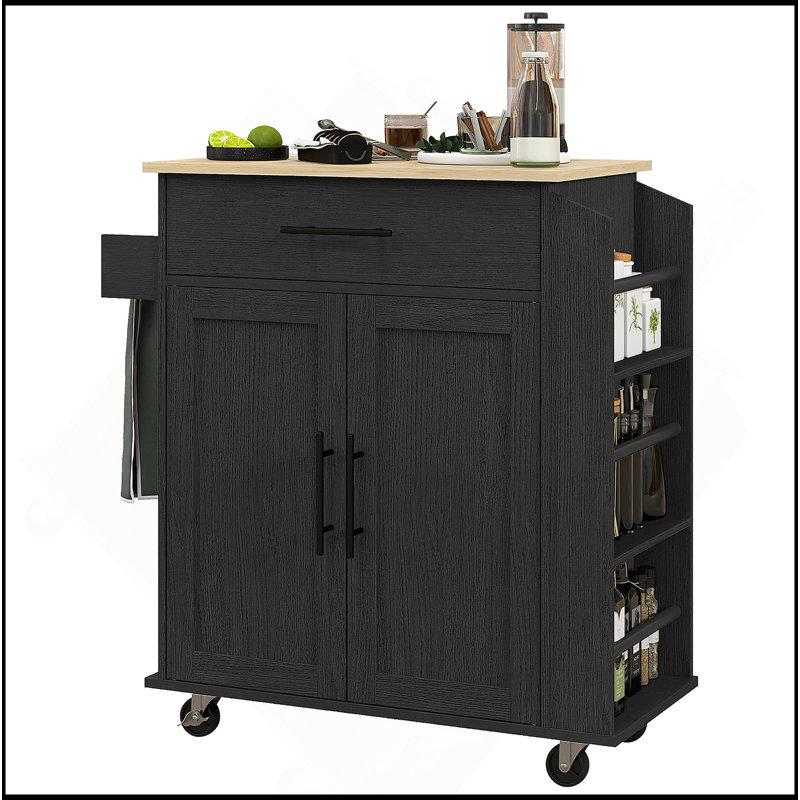 Kitchen Island With Storage, Rolling Kitchen Cart With AC Outlets And USB Ports, Microwave Stand With Towel And Spice Rack