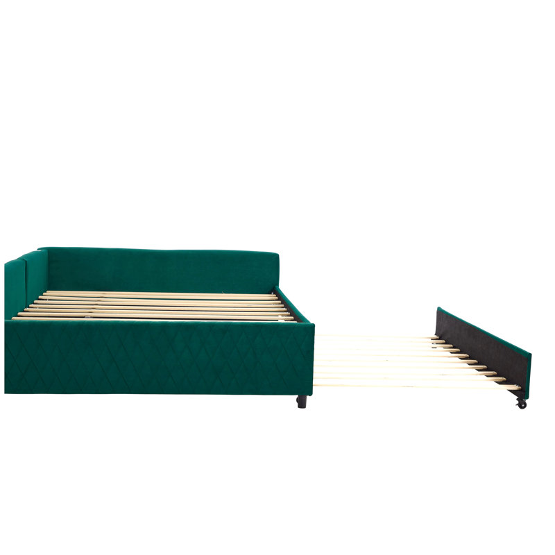 Lit de jour rembourré avec lit gigogne, structure de lit en bois robuste, conception de grille de diamant moderne, pour chambre à coucher, chambre d'amis (émeraude)