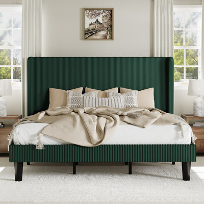 Ribbed Corduroy Platform Bed With Wingback Headboard And Wooden Slats, No Box Spring Needed