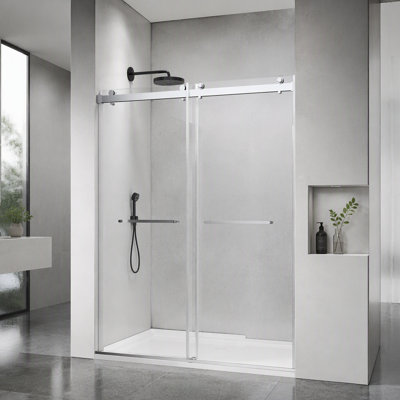 Porte de douche coulissante double sans cadre de 56 à 60 x 76 pouces avec fermeture amortie, verre trempé épais de qualité supérieure et revêtement facile à nettoyer, finition nickel brossé