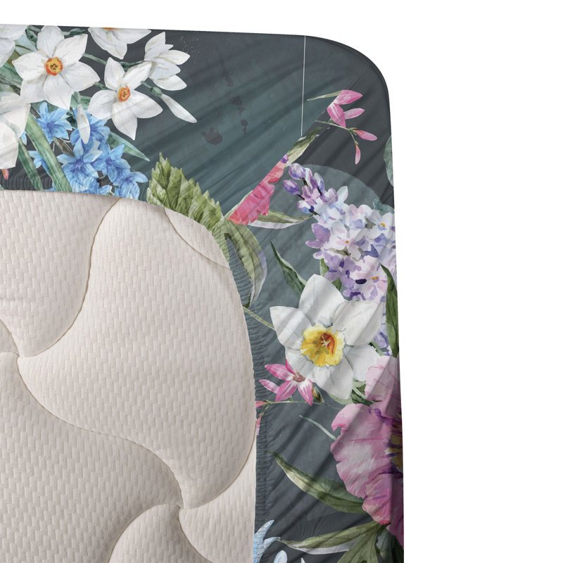 Ambesonne Watercolor Botany Sheet Set 4 Pcs Retro Boho Bloom, King Sheet Set with 2 Pillowcases, Pastel Pink Dark Teal Floral